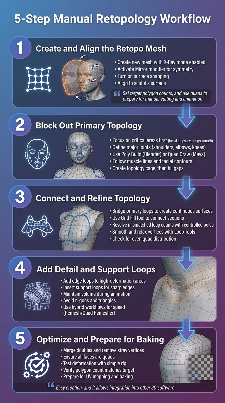 Flujo de Trabajo de Retopología Manual de 5 Pasos para Modelos 3D Esculpidos