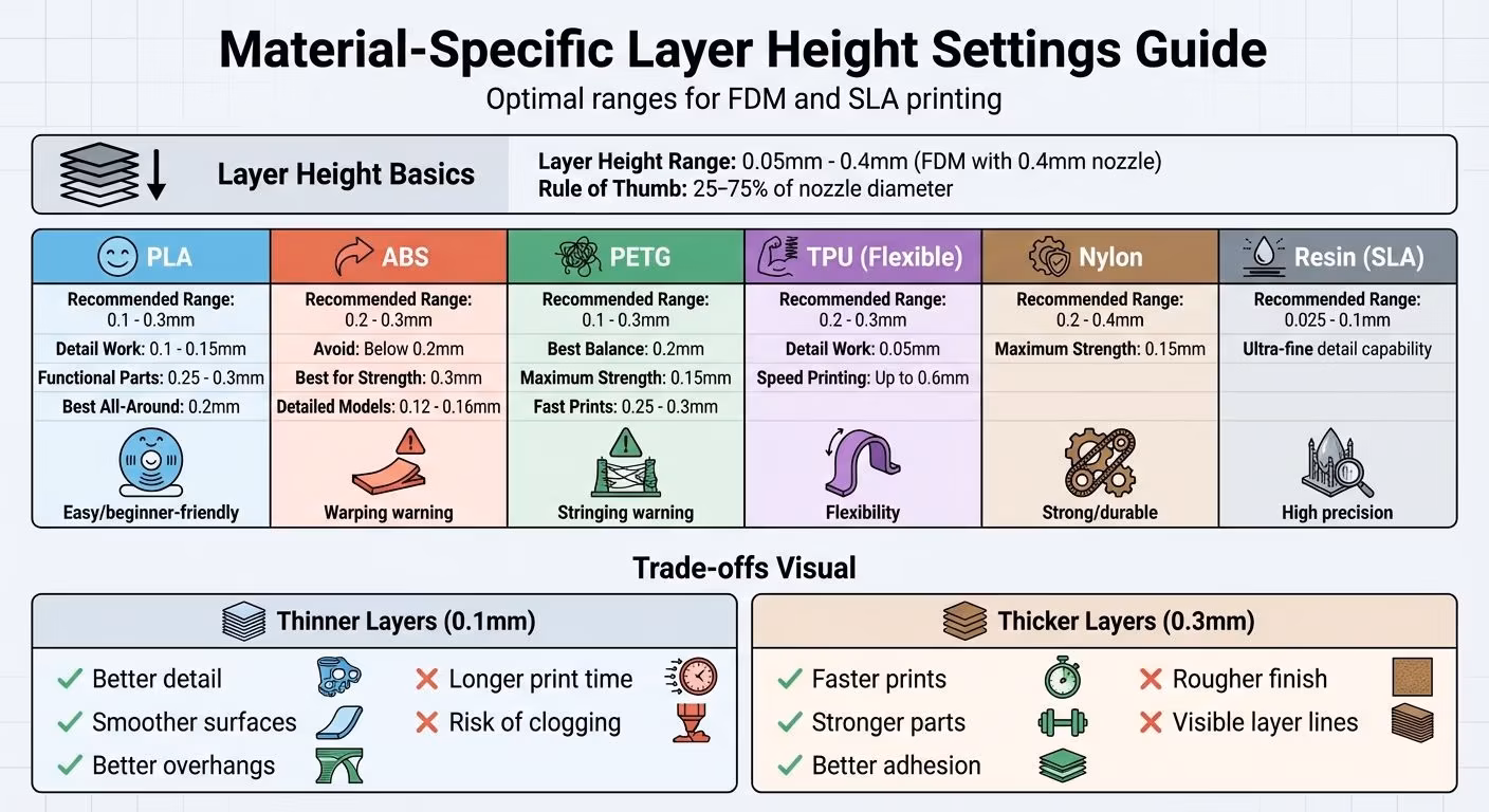 Material-Specific 3D Printing Layer Height Guide: PLA, ABS, PETG, TPU, Nylon, and Resin