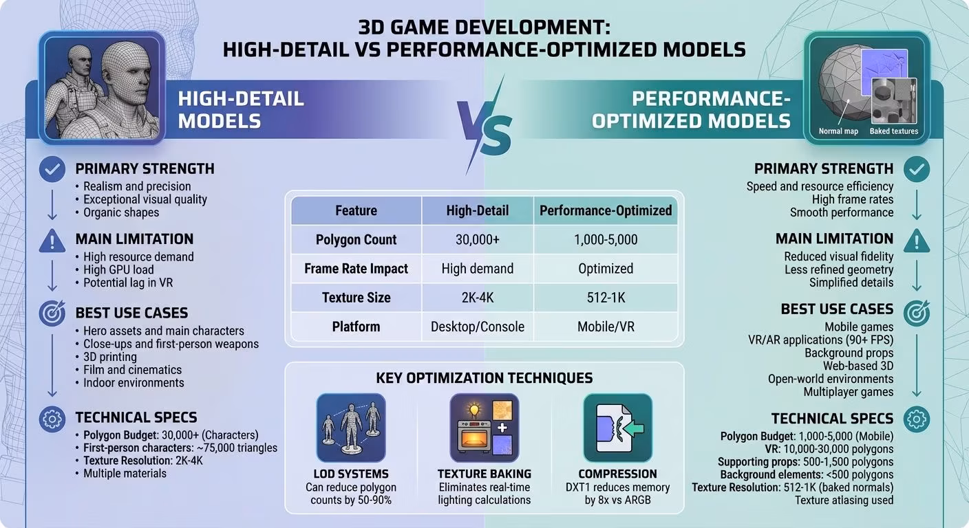Comparación de Modelos 3D de Alto Detalle vs. Optimizados para el Rendimiento