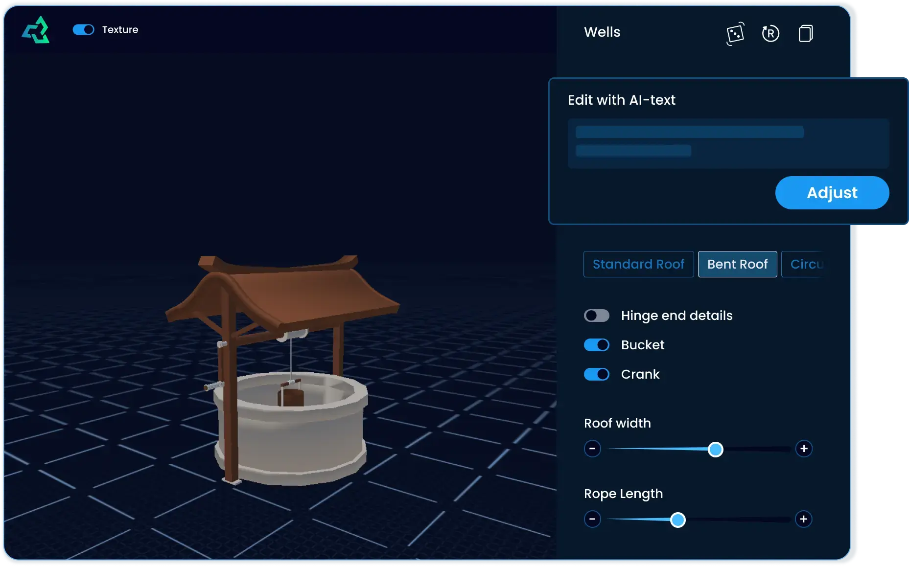 Editor mostrando deslizadores e interruptores para un activo 3D