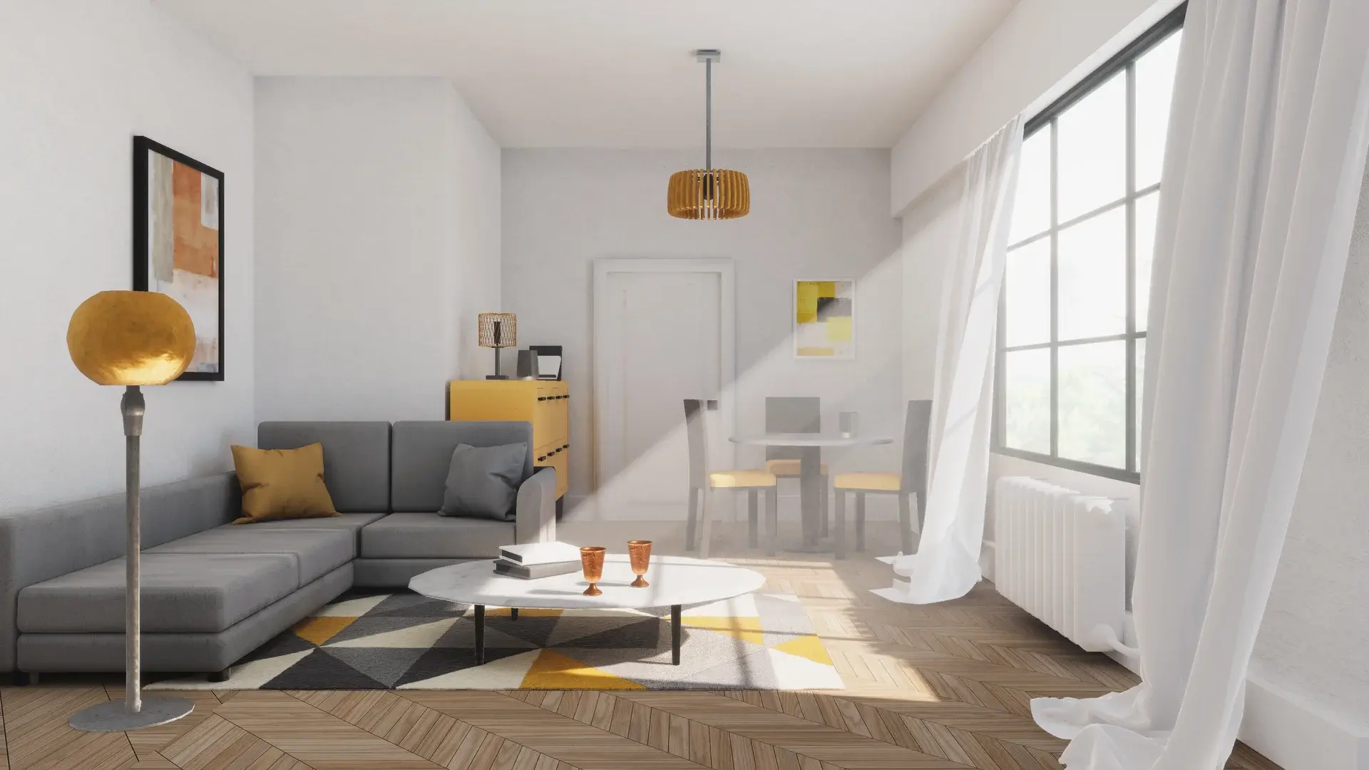 Escena de sala de estar renderizada a partir de plantillas de Sloyd