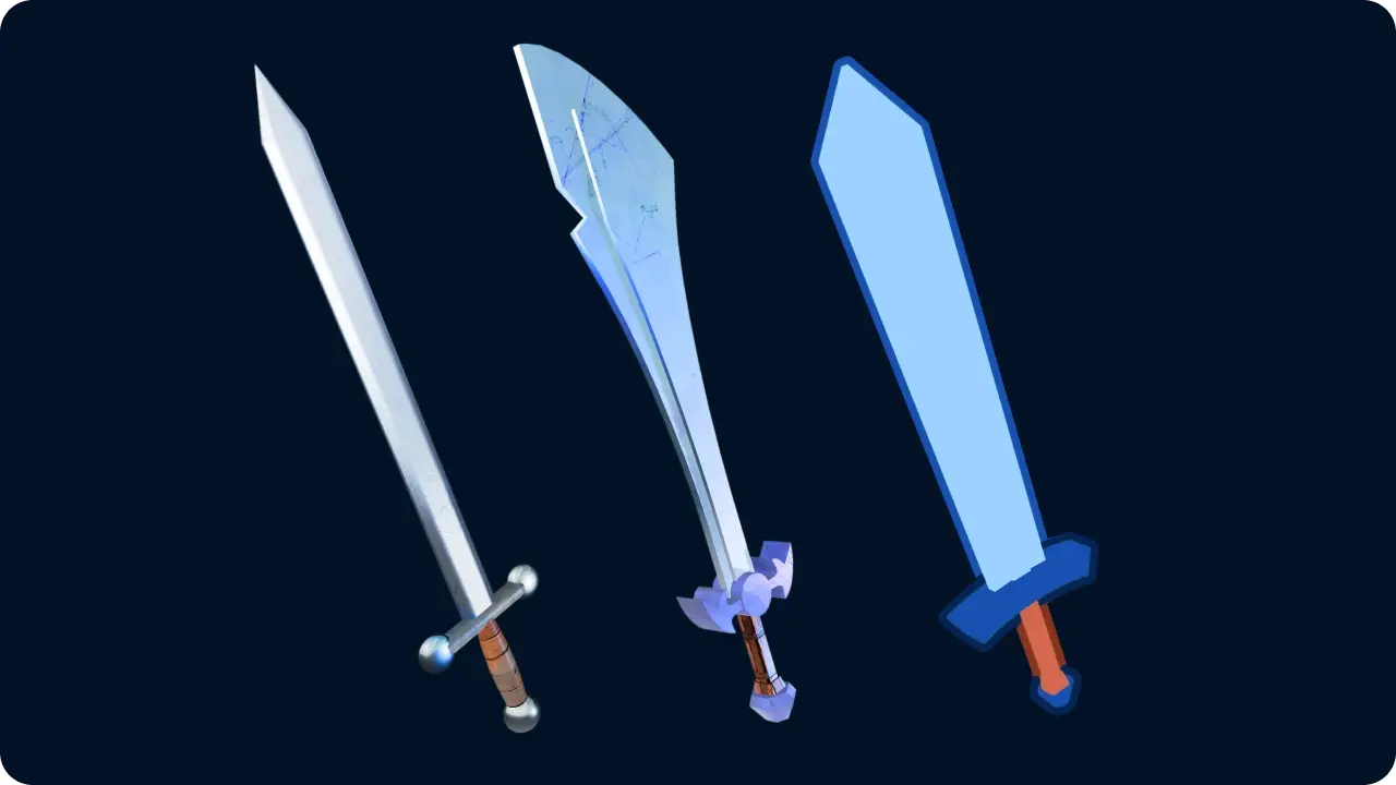 Tres variaciones de espada en diferentes estilos artísticos