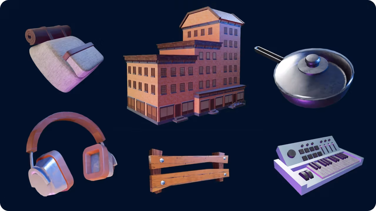 Colección de objetos 3D listos para videojuegos generados por Sloyd