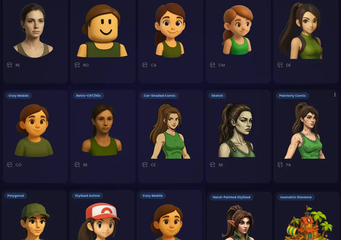 Cuadrícula de retratos de personajes en muchos estilos de arte