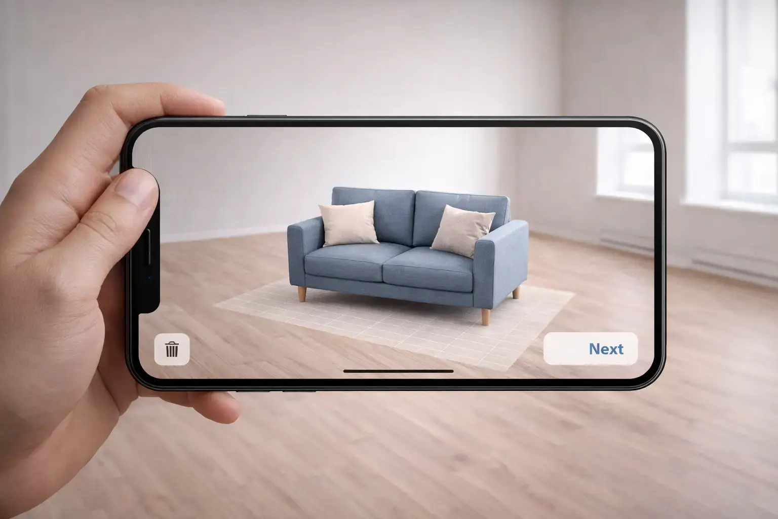 Vista de RA de un sofá azul en una habitación vacía en un smartphone