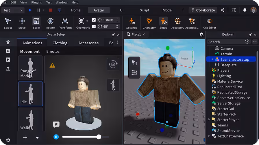Roblox Studio editando un avatar generado por Sloyd
