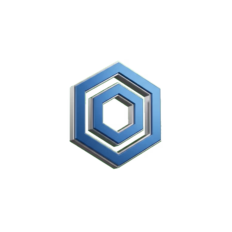 Logo hexagonal metálico azul con tres hexágonos anidados creando un efecto 3D