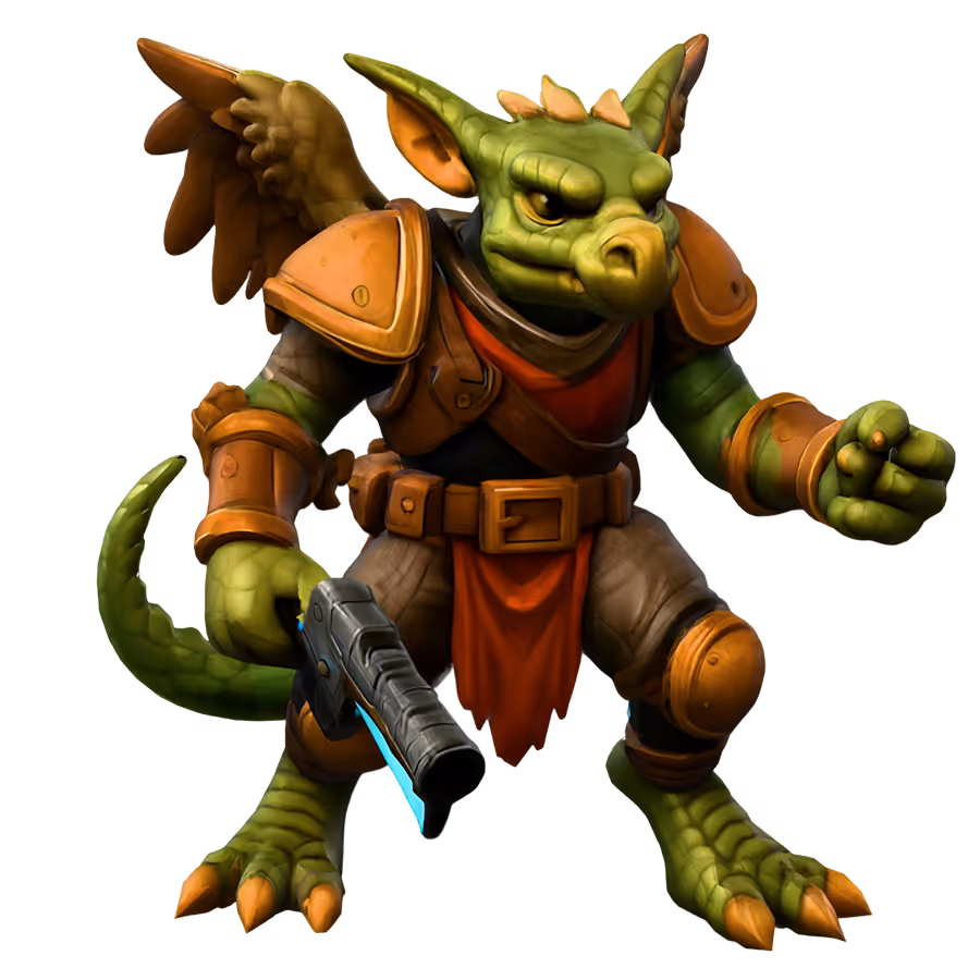 Fantasy goblin character with armor and a blaster weapon