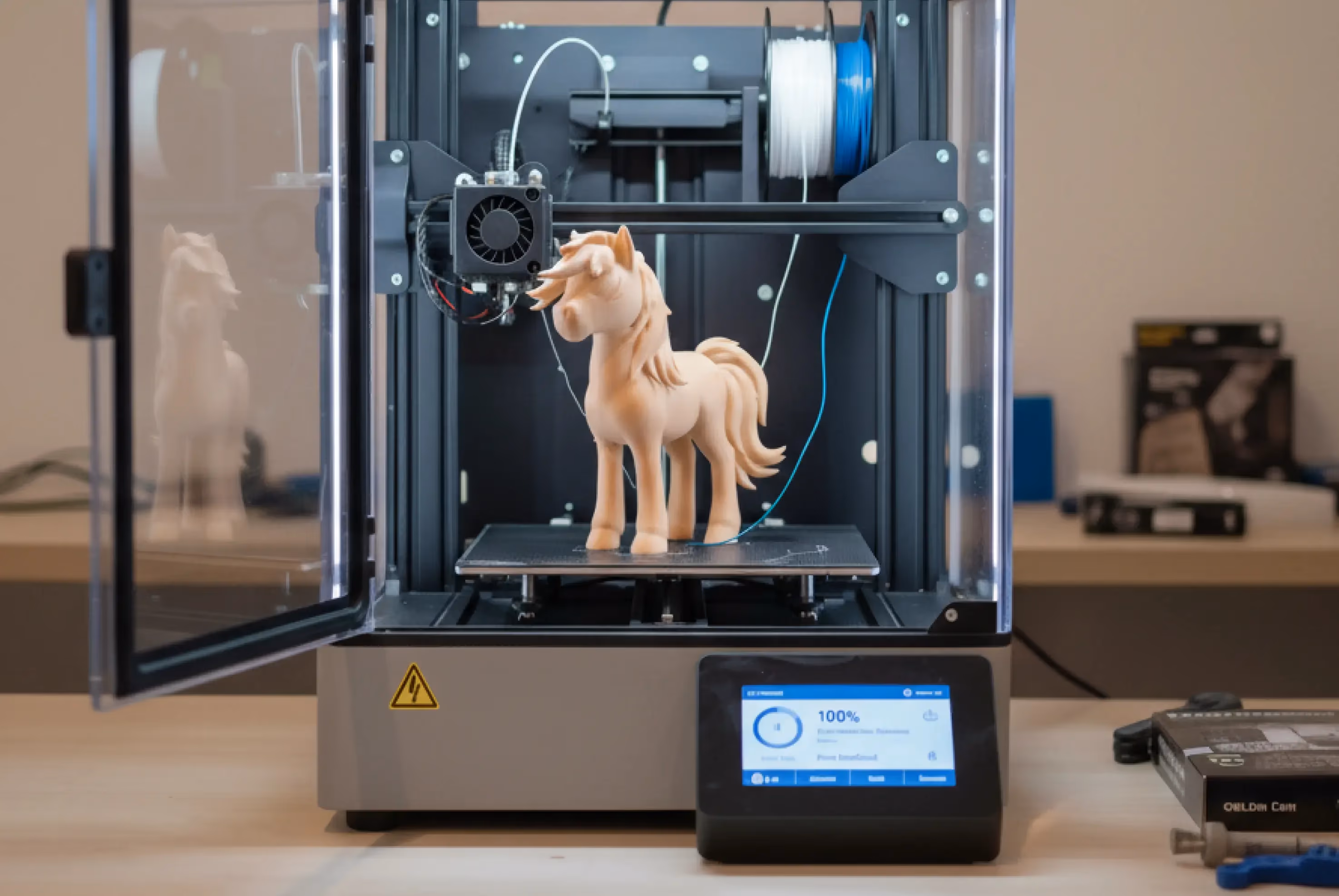 3D printer printing a small unicorn figurine