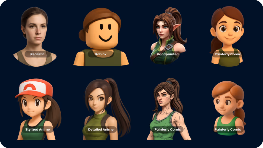 Grid of eight female character busts in different art styles.