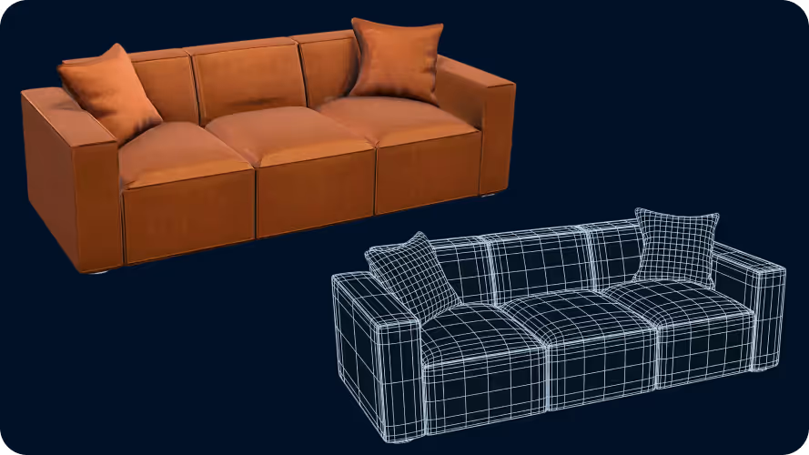 3D render of a brown sofa with pillows alongside its wireframe model.