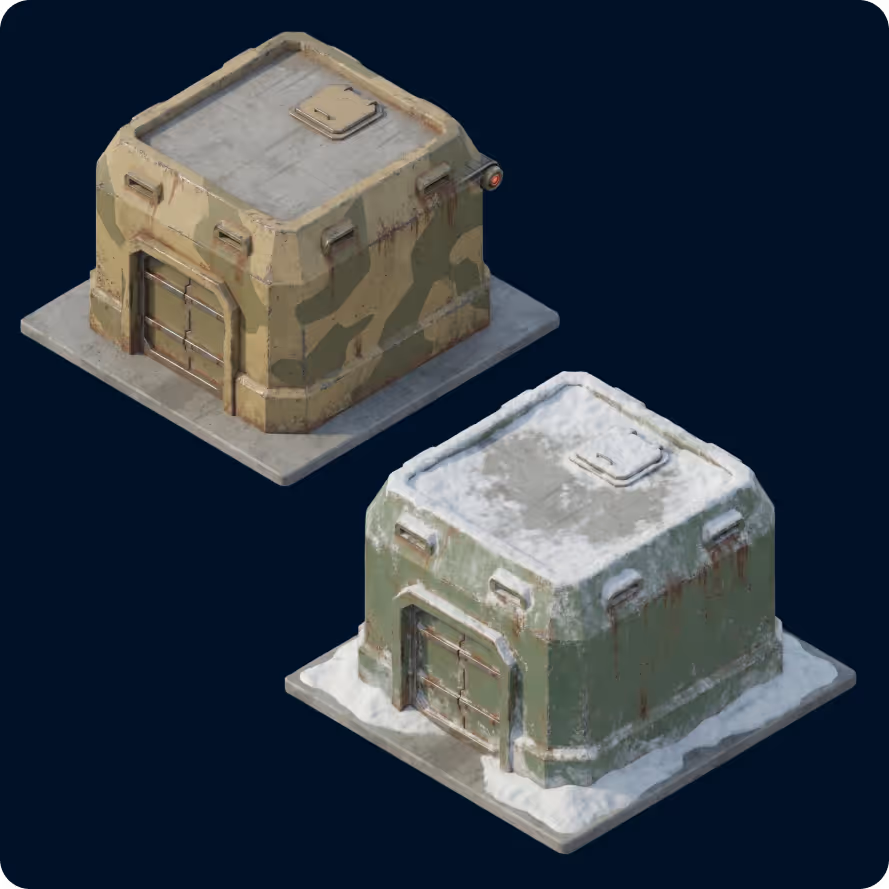 Two isometric military bunker buildings — one desert, one snow.