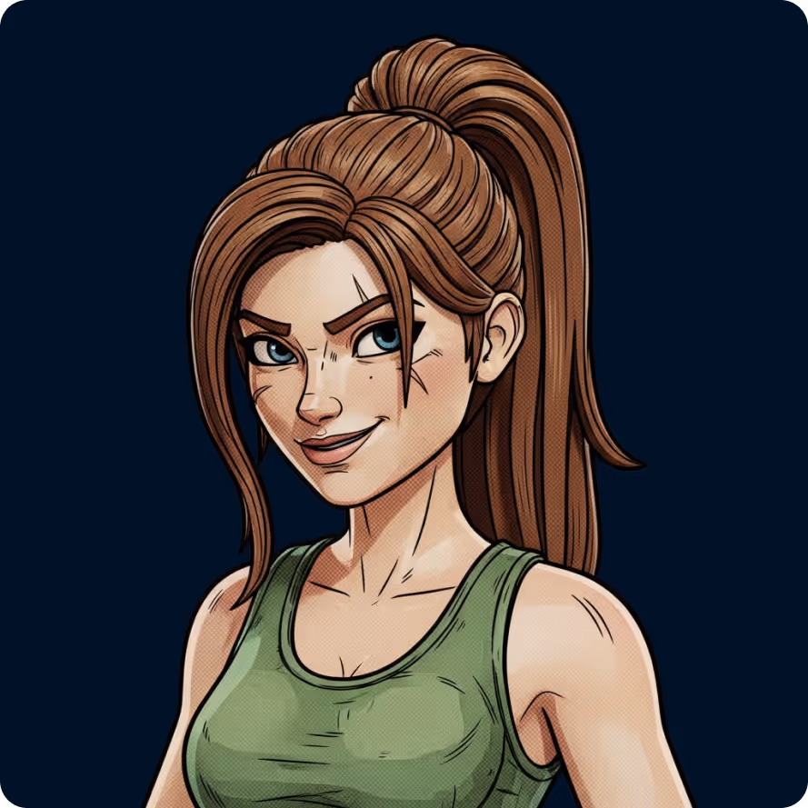 Stylized illustration of a woman with brown ponytail in a green tank top.