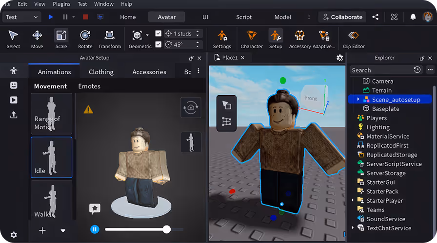 Roblox Studio editing a Sloyd-generated avatar