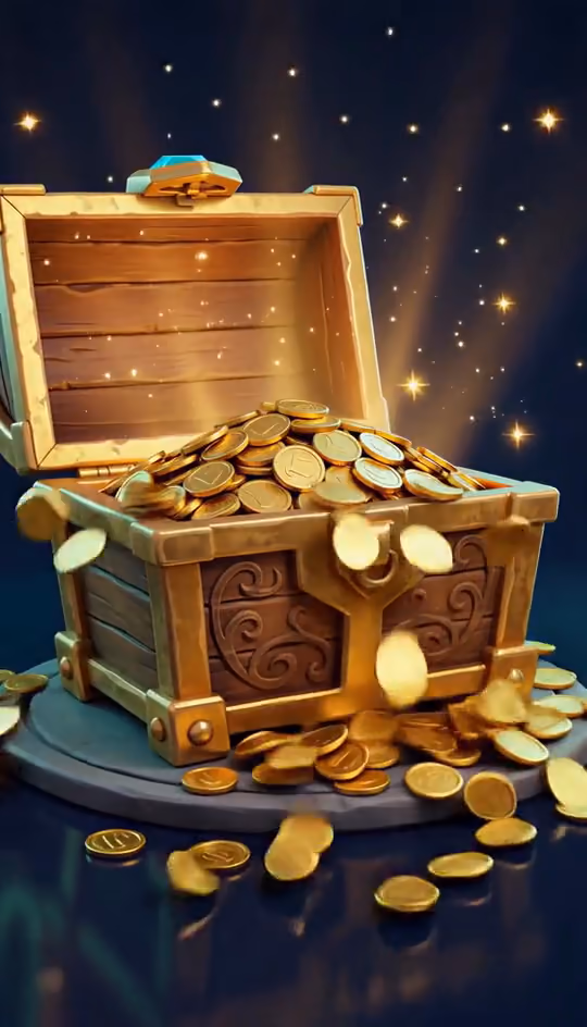 A treasure chest bursting open with gold coins spilling out, from a video generated with AI