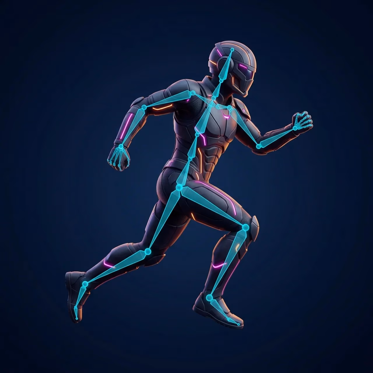 A cyberpunk soldier mid-stride in a running pose with a glowing cyan animation rig drawn over it, joints marked at the shoulders, elbows, hips, knees and ankles