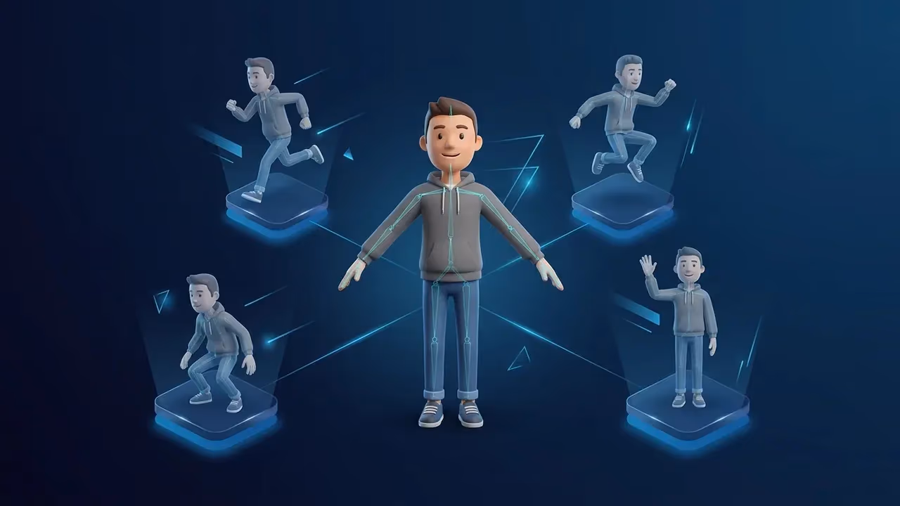 One rigged character connected to multiple animation pose clips