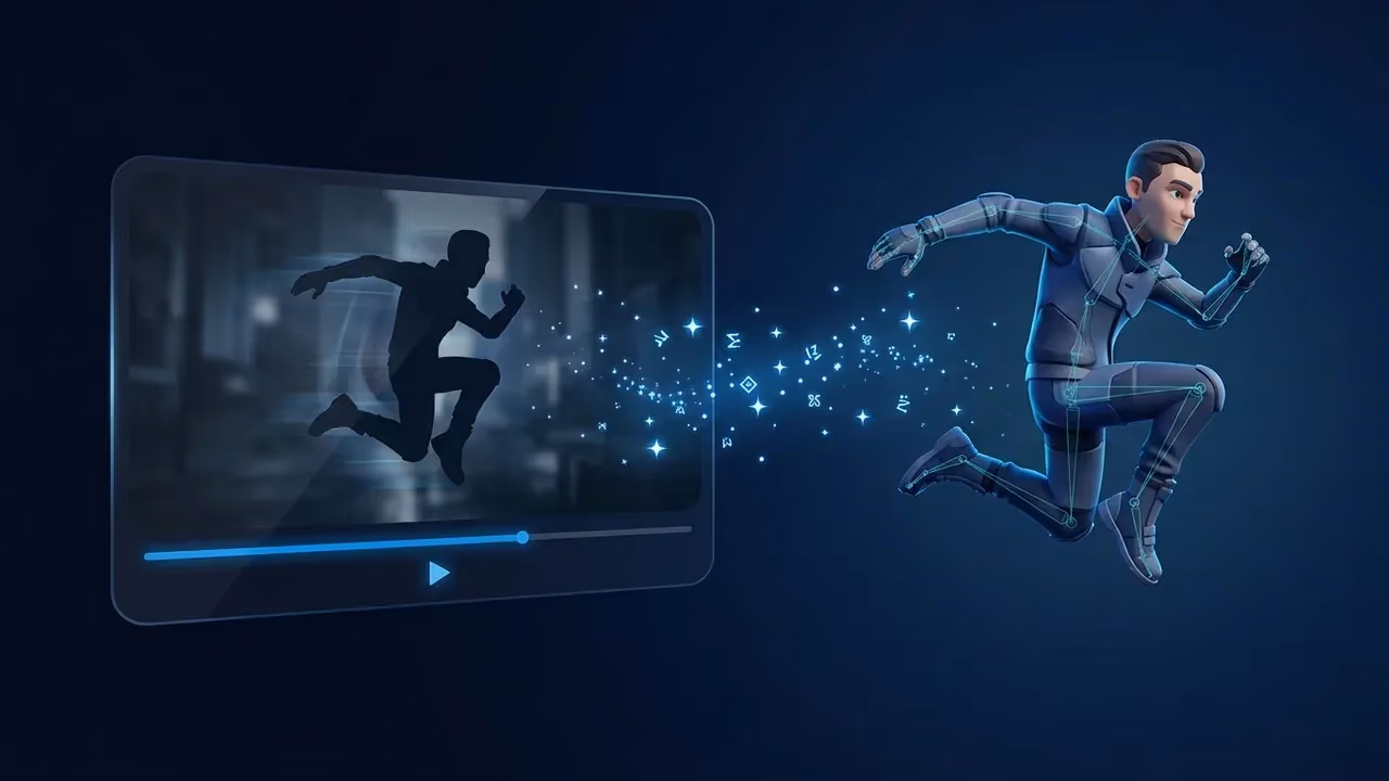 A reference video clip of a person running, with the motion transferring onto a rigged 3D character