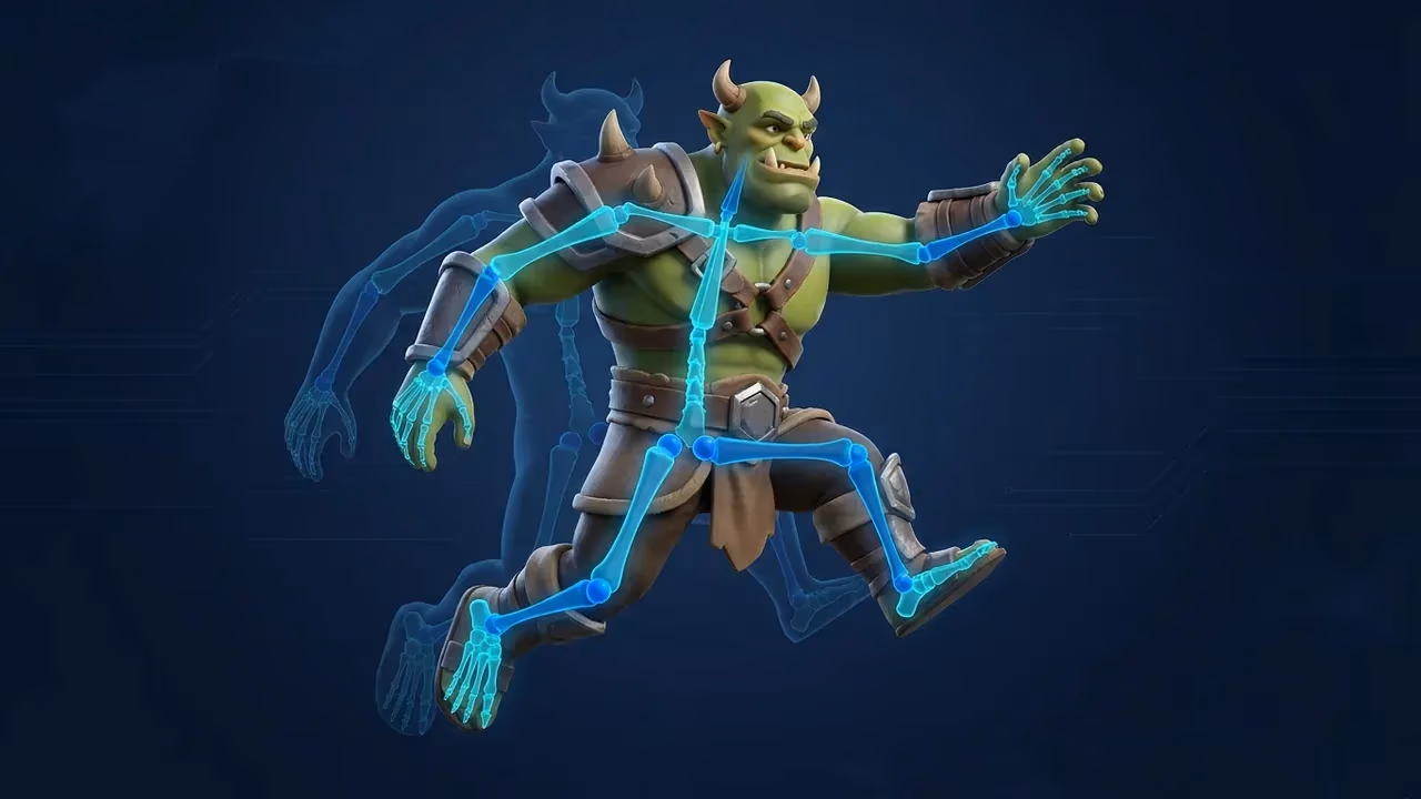 Humanoid 3D character with a skeleton rig overlay and an animation timeline