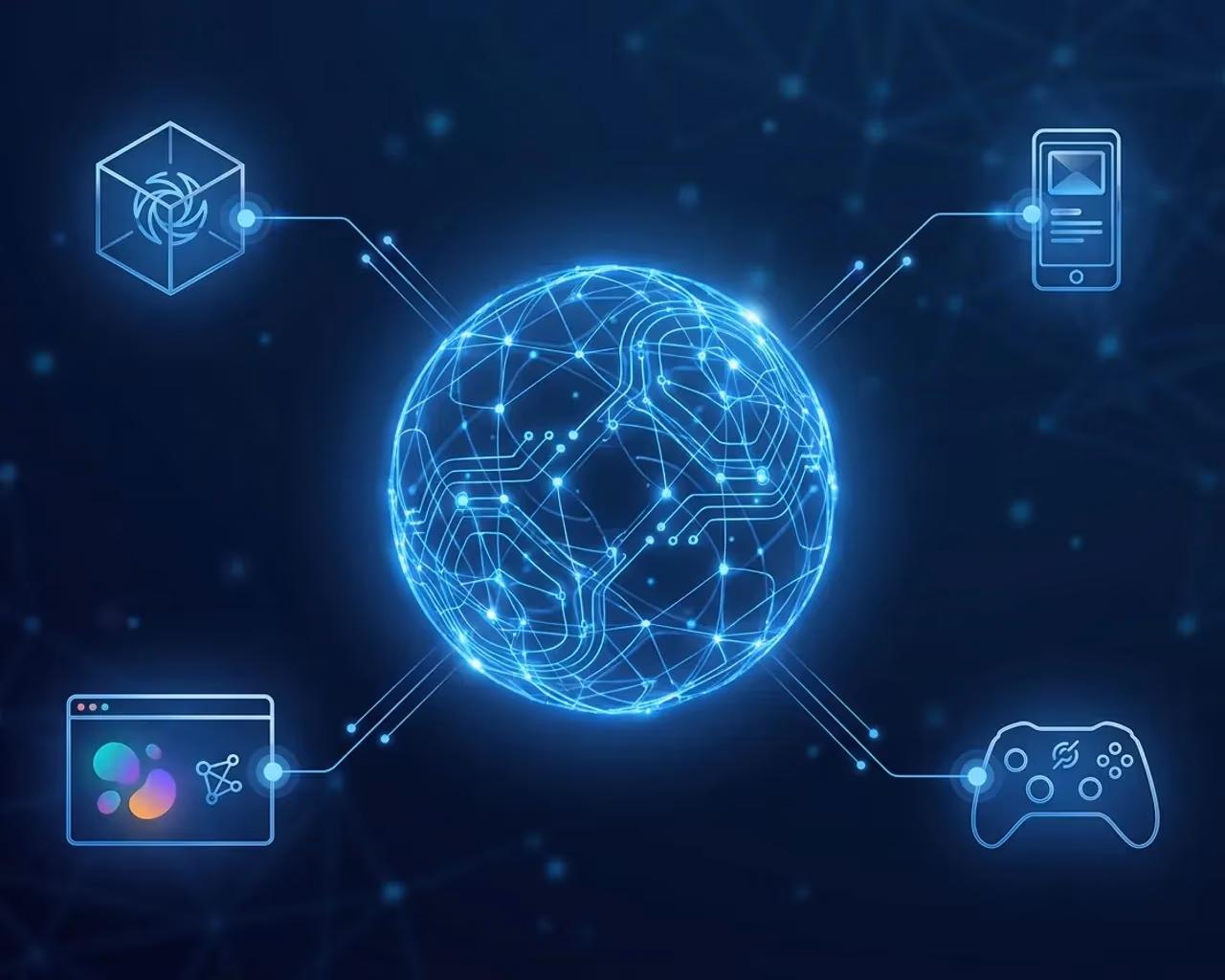 A glowing AI generated 3D network connecting to apps, games, and web platforms via the Sloyd API