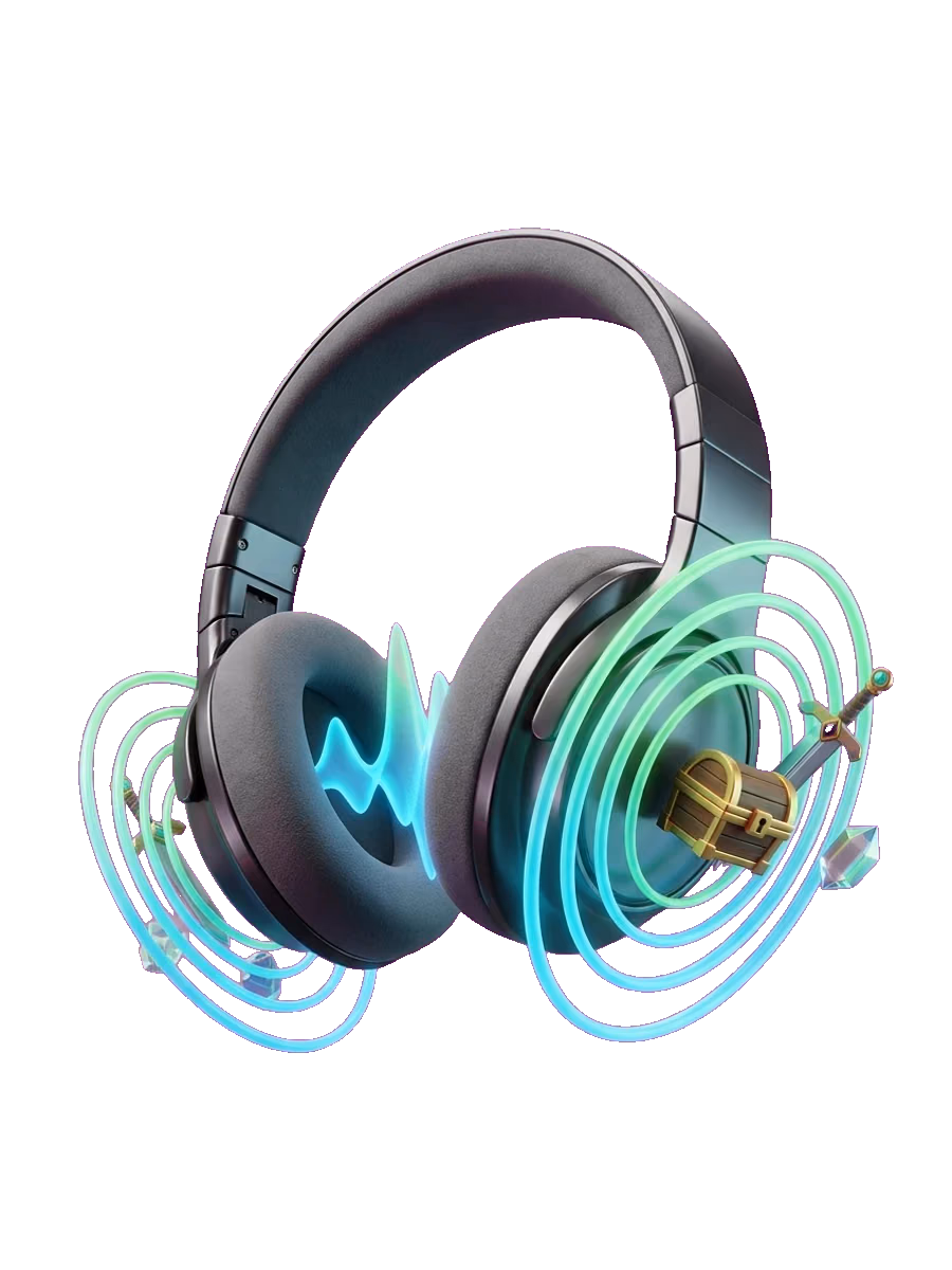 Headphones surrounded by glowing waveforms and game objects, representing AI-generated game audio