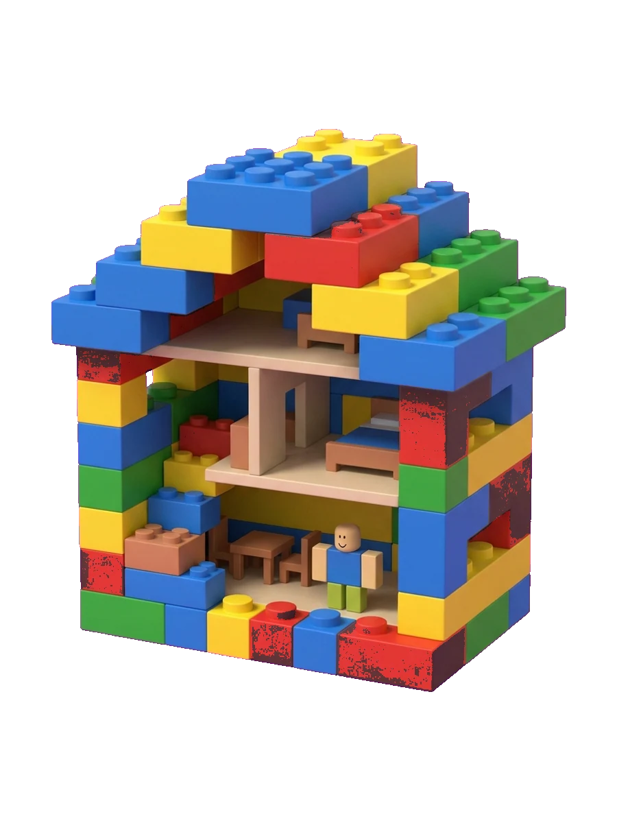 A blocky Roblox-style building with interior rooms