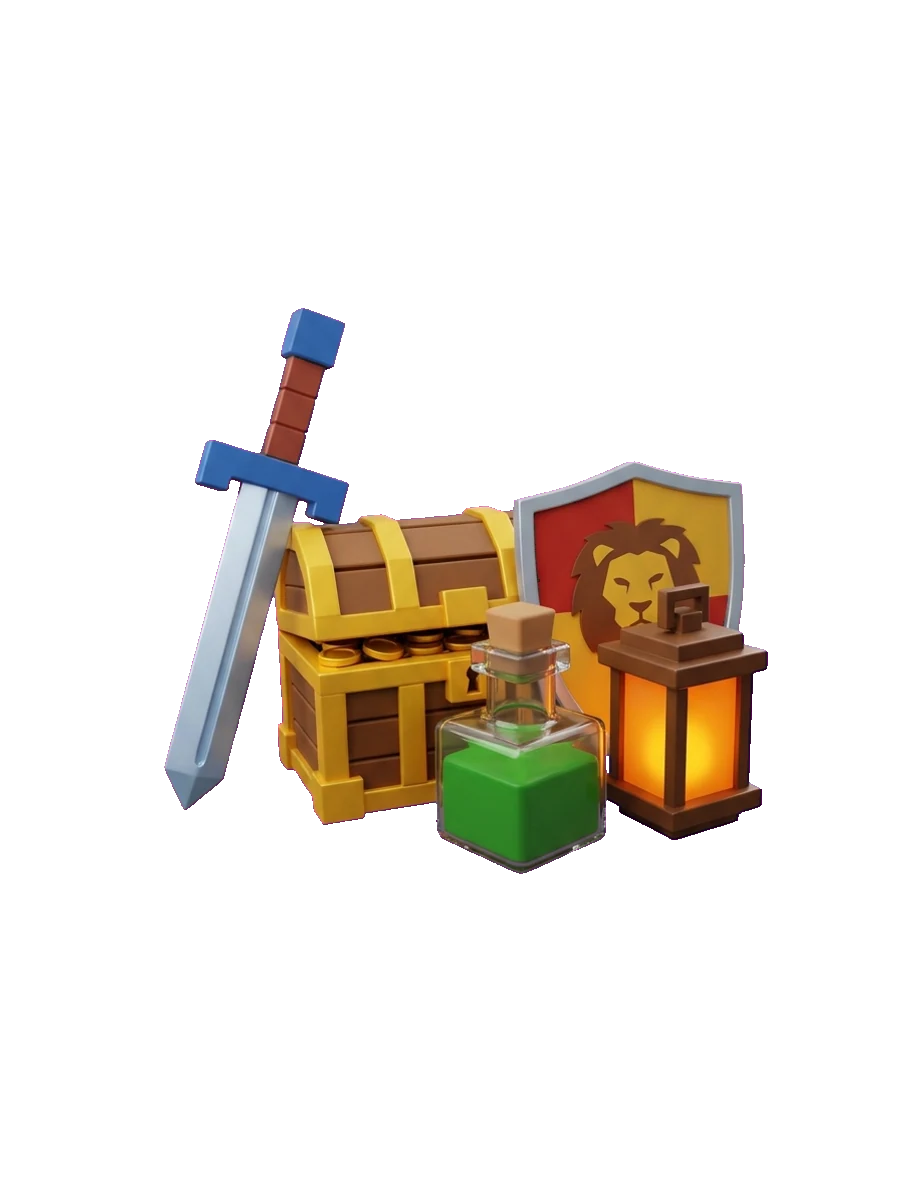 A cluster of blocky Roblox-style props and weapons